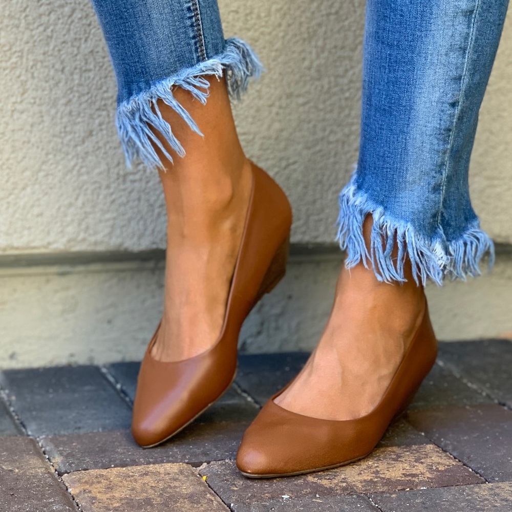 Cognac Genuine Leather Kitten Heel Wedge Pump - Picture 4 of 8